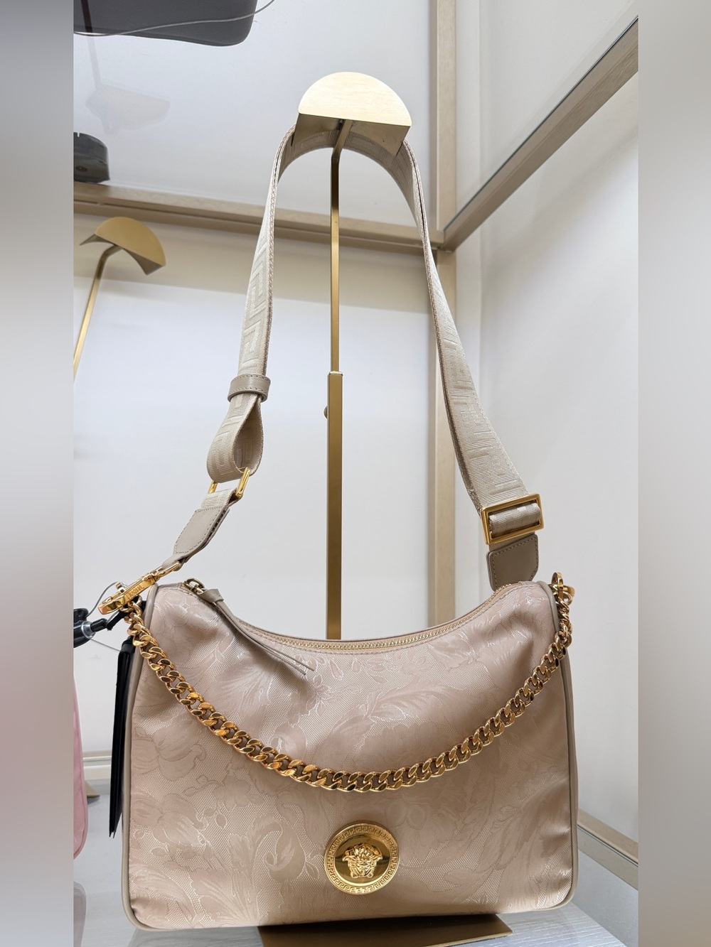 Versace Beige Shoulder Bag with Gold Chain and Medallion